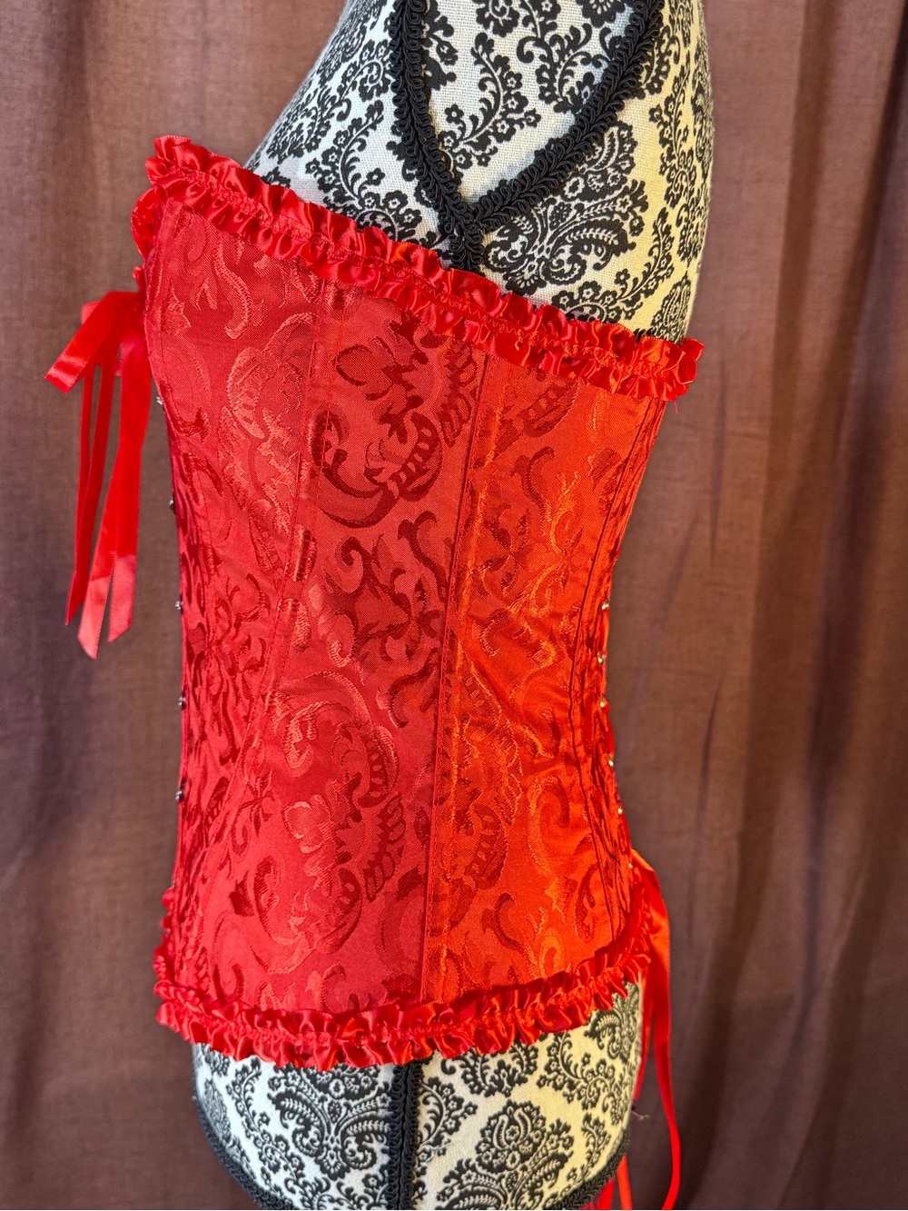 Red Satin Brocade Corset Top With Ruffles and Ribbons size M - Picture 4 of 11